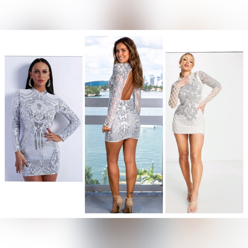 Silver Sequin Long-Sleeve Prom Dress